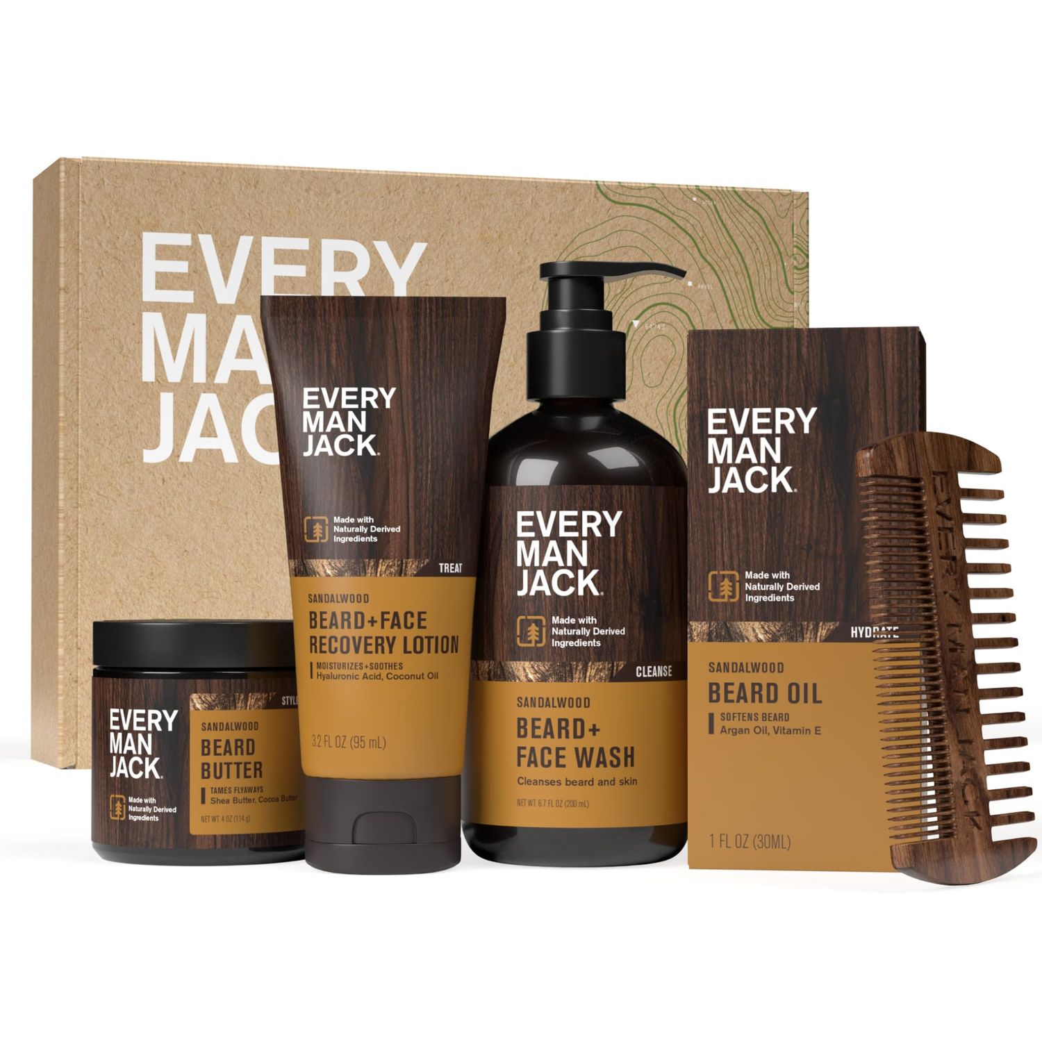 Every Man Jack Mens Sandalwood Grooming Set - Five Full-Sized Essentials: Wash, Lotion, Hydrating Oil, Butter, and Comb