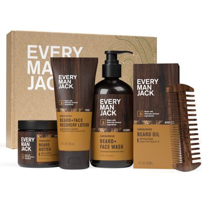 Every Man Jack Mens Sandalwood Grooming Set - Five Full-Sized Essentials: Wash, Lotion, Hydrating Oil, Butter, and Comb