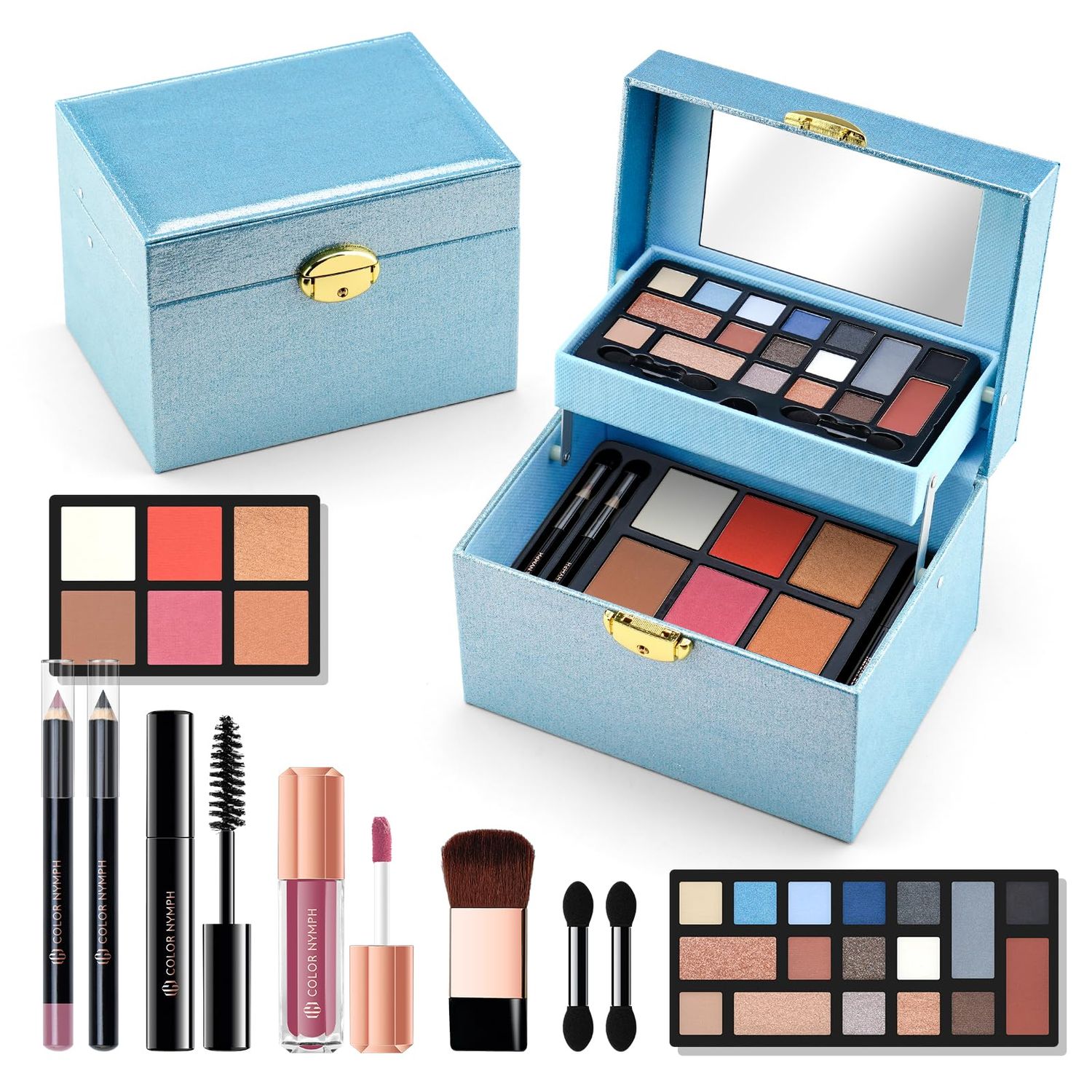 Color Nymph Beginner Makeup Kit For Teens, Girls Makeup kits With Recyclable And Key-Lockable Cabinet Included 17-Colors Eyeshadows Blushes Bronzer Highlighter Lipstick Brushes Mirror(Blue)