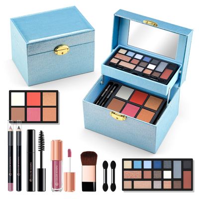 Color Nymph Beginner Makeup Kit For Teens, Girls Makeup kits With Recyclable And Key-Lockable Cabinet Included 17-Colors Eyeshadows Blushes Bronzer Highlighter Lipstick Brushes Mirror(Blue)