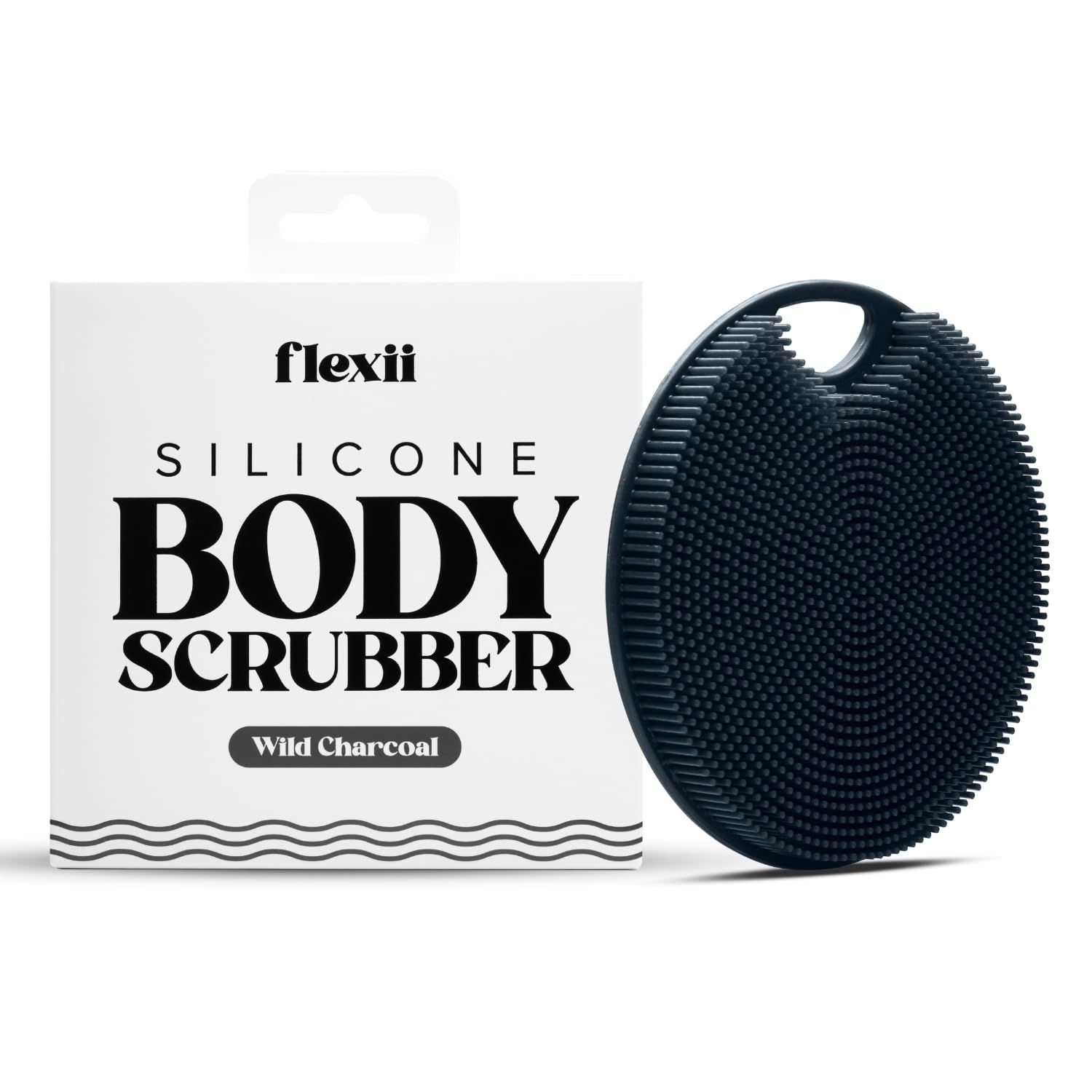 flexii Silicone Body Scrubber - Exfoliating Shower Body Brush for Sensitive Skin, Extra-Long Lathering Bristles, Ergonomic Handle, Hygienic &amp; Durable - Charcoal