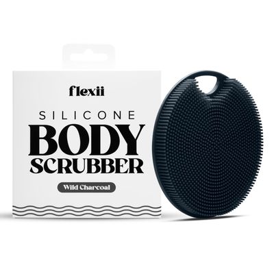 flexii Silicone Body Scrubber - Exfoliating Shower Body Brush for Sensitive Skin, Extra-Long Lathering Bristles, Ergonomic Handle, Hygienic &amp; Durable - Charcoal