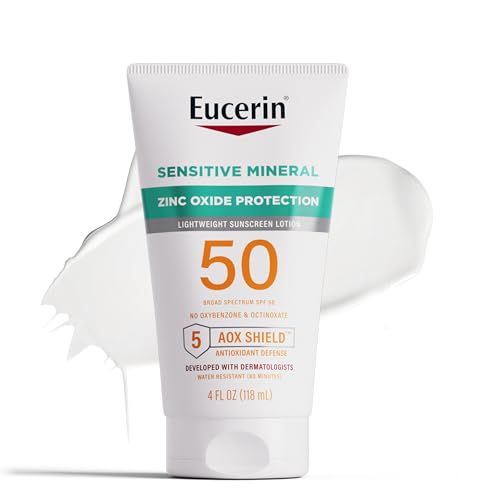 Eucerin Sun Sensitive Mineral Sunscreen Lotion SPF 50, Hypoallergenic, Fragrance Free Sunscreen with Zinc Oxide Protection, 4 Fl Oz Tube