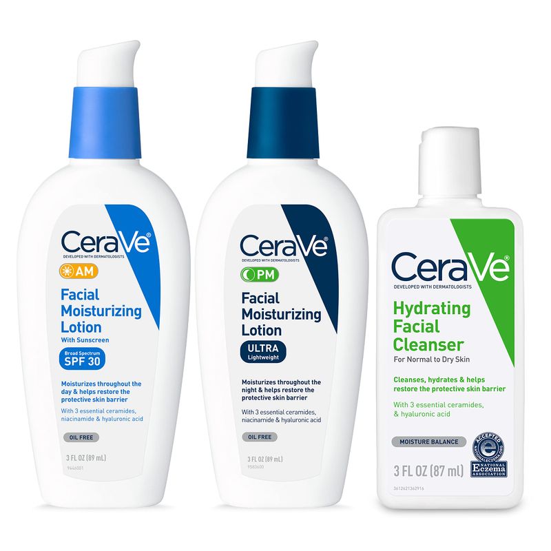 CeraVe AM Face Moisturizer with SPF, PM Facial Moisturizer &amp; Hydrating Face Wash Skin Care Routine for Morning &amp; Night, Travel Size Toiletries, 3oz Lotion + 3oz Lotion + 3oz Cleanser