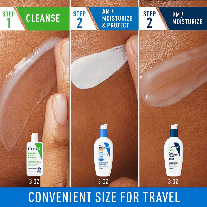 CeraVe AM Face Moisturizer with SPF, PM Facial Moisturizer &amp; Hydrating Face Wash Skin Care Routine for Morning &amp; Night, Travel Size Toiletries, 3oz Lotion + 3oz Lotion + 3oz Cleanser