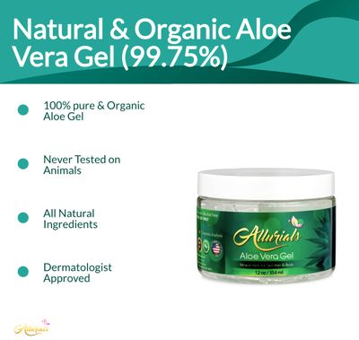 Allurials 100% Pure &amp; Organic Aloe Vera Gel, Clinically tested &amp; Dermatologist approved, Hydrates &amp; Heals Dry &amp; Damaged Skin &amp; Hair- 12 Oz