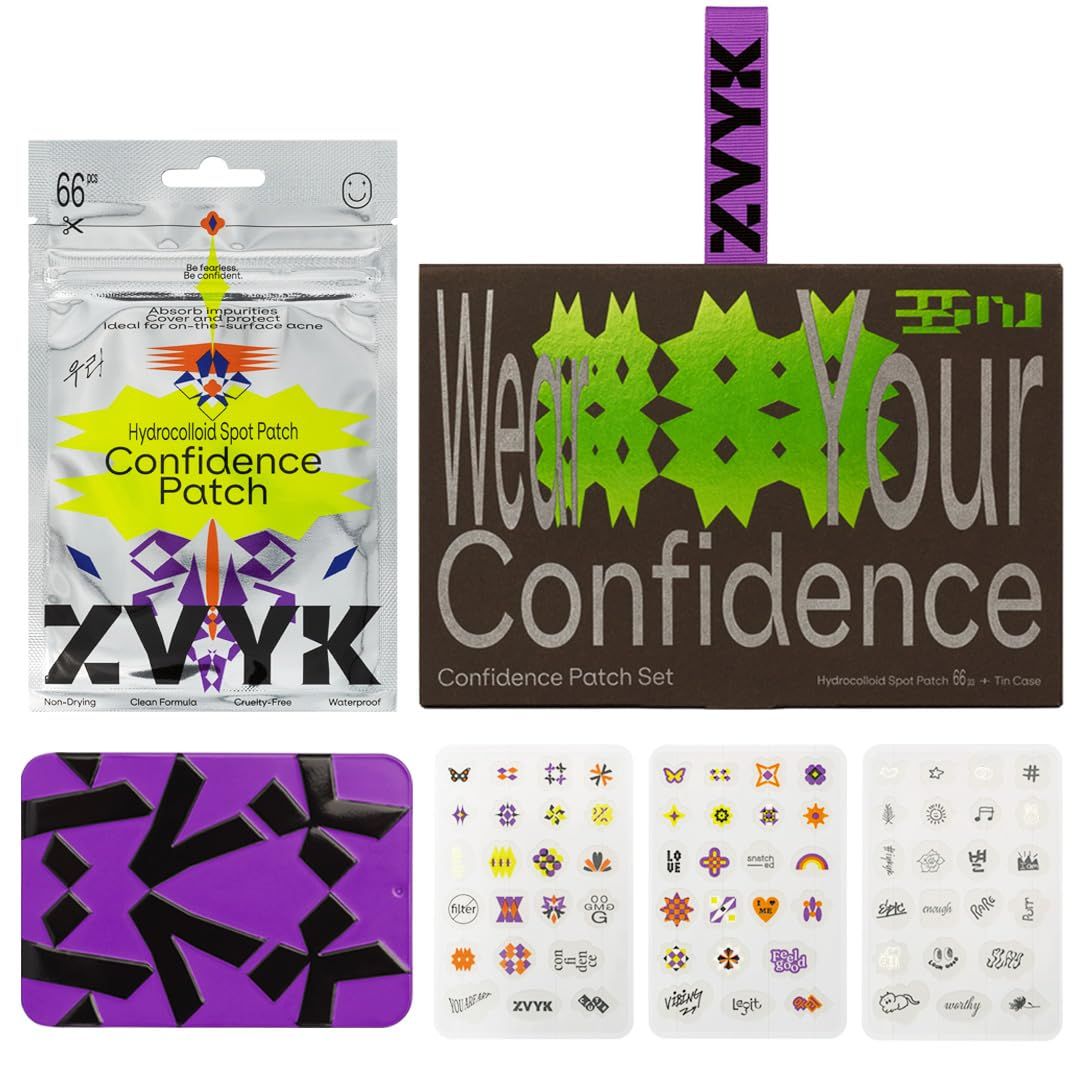 Cute Pimple Patches for Face - Tattoo Style Hydrocolloid Acne Patches (Confidence Patch Set) with Star Designs (66 Cute Patches) with a Tin Case - Vegan &amp; Cruelty-Free
