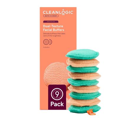 CleanLogic Bath &amp; Body Exfoliating Dual-Texture Facial Pads, Face Sponges for Cleansing &amp; Softening Sensitive Skin, MakeUp Remover Pads, Assorted Colors, 9 Count Value Pack