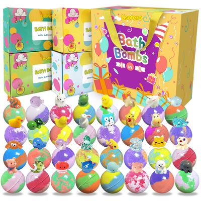 Bath Bombs for Kids with Surprise Inside, 32 Pack Bath Bombs with Land &amp; Sea Animal Toys, Handmade Fizzy Colorful Bubble Children Bath Ball Gift Set for Birthday, Christmas, Halloween, Mothers Day
