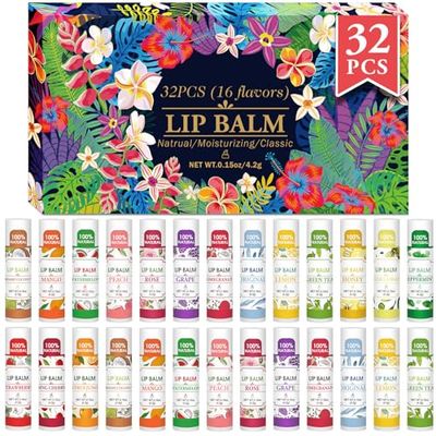 32 Pack Lip Balm, Natural Lip Balm Bulk with Vitamin E and Coconut Oil, Hydrating Lip Balm for Dry Lips, Bulk Lip Balm for Stocking Stuffers - 16 Flavors