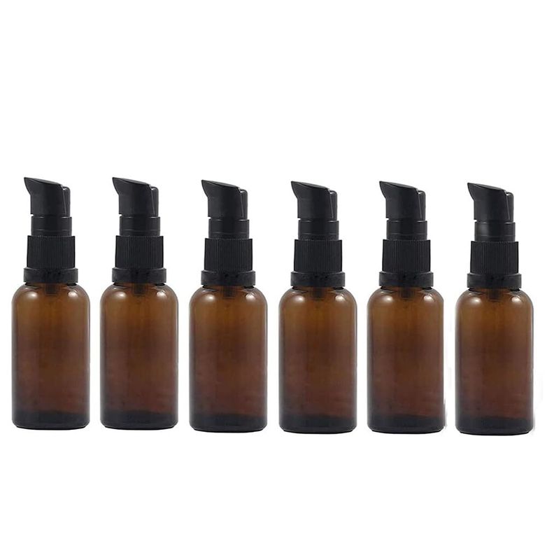 bamboopack 6PCS 30ml/1oz Amber Glass Lotion Bottles Empty Refillable Cosmetic Makeup Travel Size Pump Dispenser Container Jars for Aromatherapy Essential Oils Skincare Toiletries