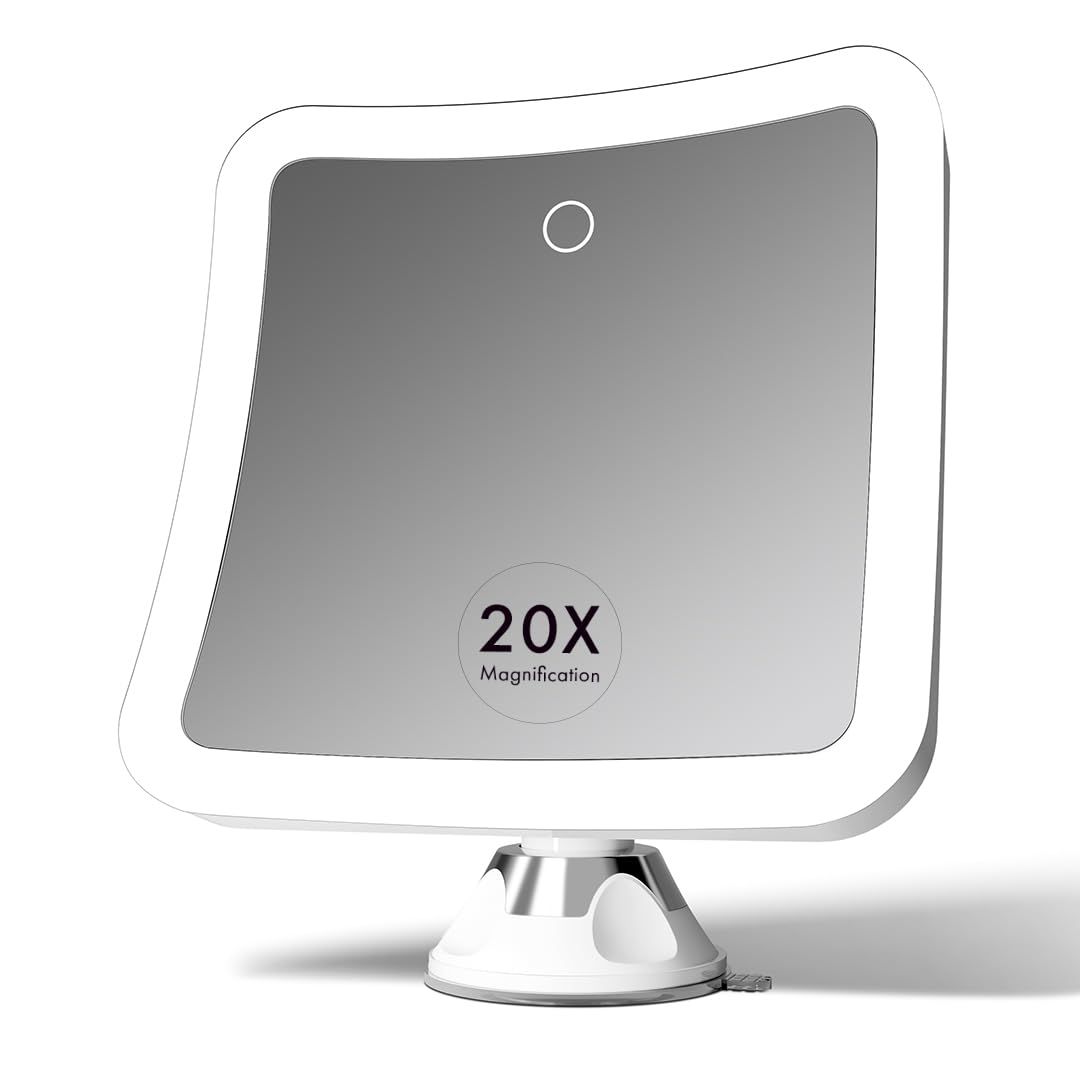 Fancii 20x Magnifying Makeup Mirror with LED Lights, Rechargeable, High Zoom | 7-inch Large Lighted Travel Mirror for Vanity and Bathroom, Dimmable, 3 Light Settings, Strong Suction, 360 Rotation