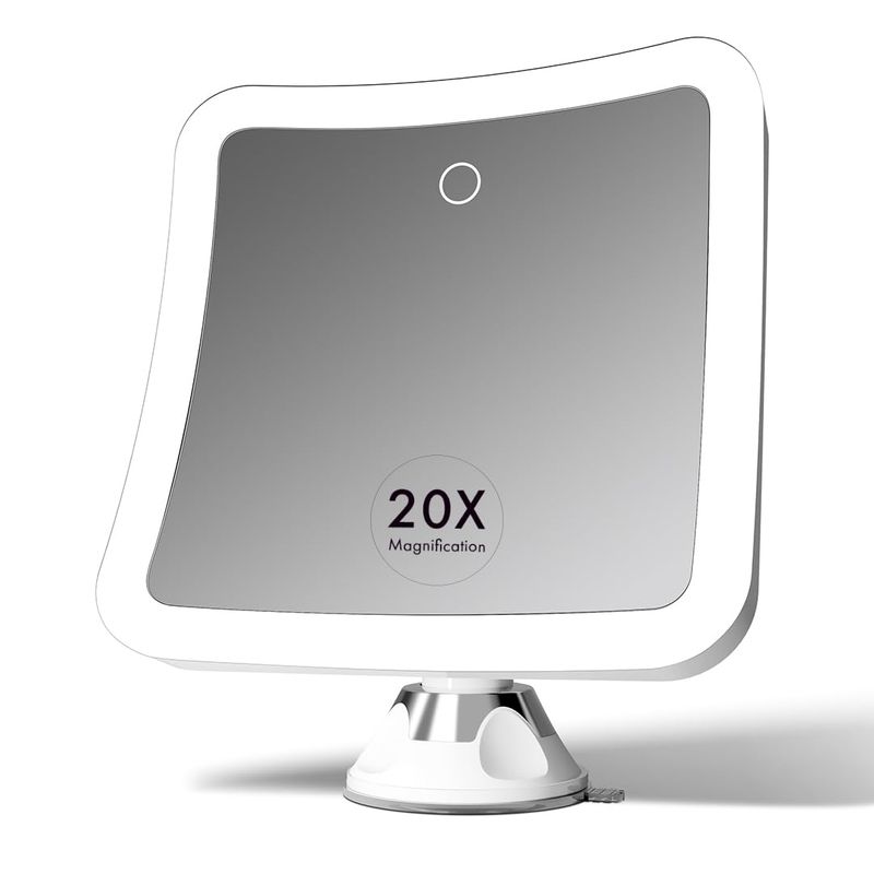 Fancii 20x Magnifying Makeup Mirror with LED Lights, Rechargeable, High Zoom | 7-inch Large Lighted Travel Mirror for Vanity and Bathroom, Dimmable, 3 Light Settings, Strong Suction, 360 Rotation