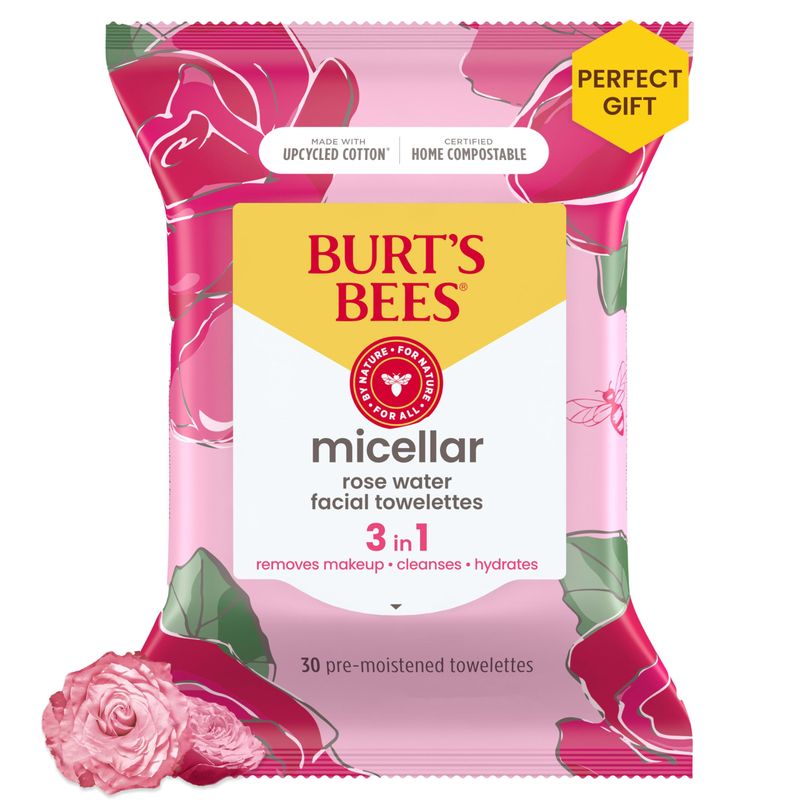 Burt&#39;s Bees Micellar Facial Towelettes With Rose Water, Pre-Moistened Towelettes for All Skin Types, 99.5 Percent Natural Origin Skin Care, 30 ct. Package