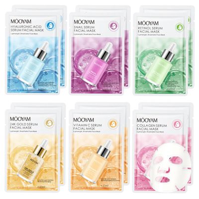 Face Mask Skincare - 12 Sheets - Deep Hydration, Revitalizing - Includes 24K Gold, Hyaluronic Acid, Vitamin C, Retinol, Snail Extract, Collagen