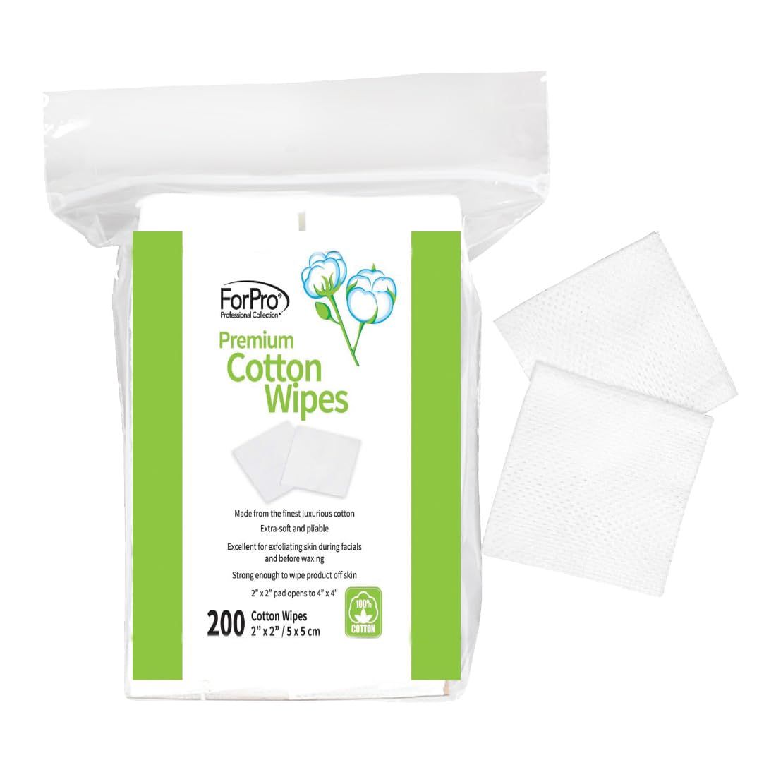 ForPro Professional Collection Premium Cotton Wipes, 100% Cotton, Extra-Soft, for Cosmetic, Nail, and Personal Care, 2 x 2, 200-Count
