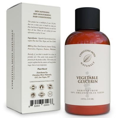Christina Moss Naturals 100% Pure Vegetable Glycerine Made from Organic Flax Seeds Only, Great Moisturizer for Skin, Hair, and DIY Skin Care Projects, Not GMO, Paraben Free