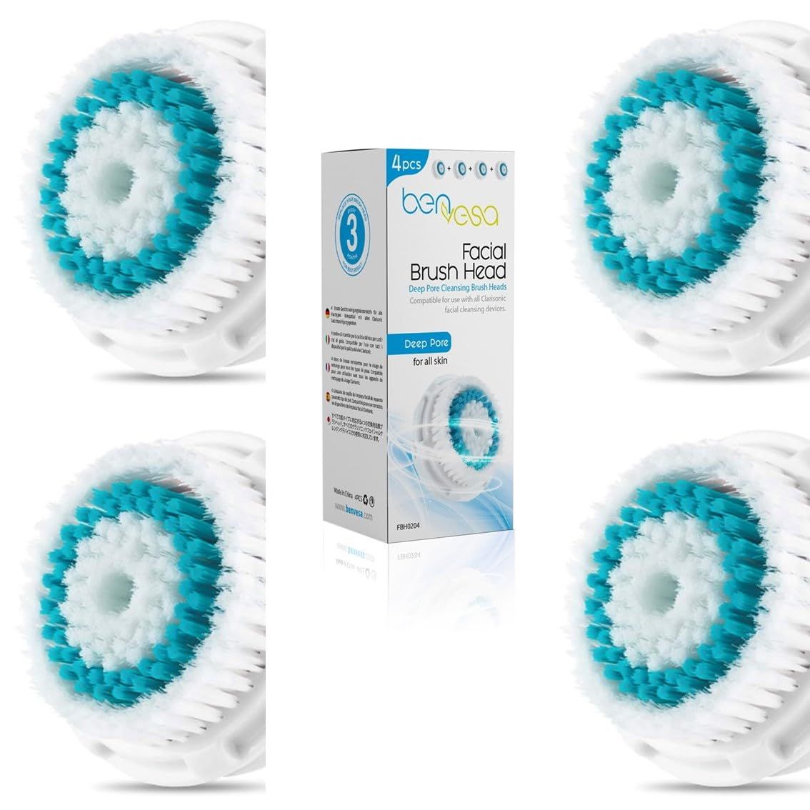 benvesa Deep Pore Replacement Facial Cleansing Brush Head, 4 Pack, (BDE-4)