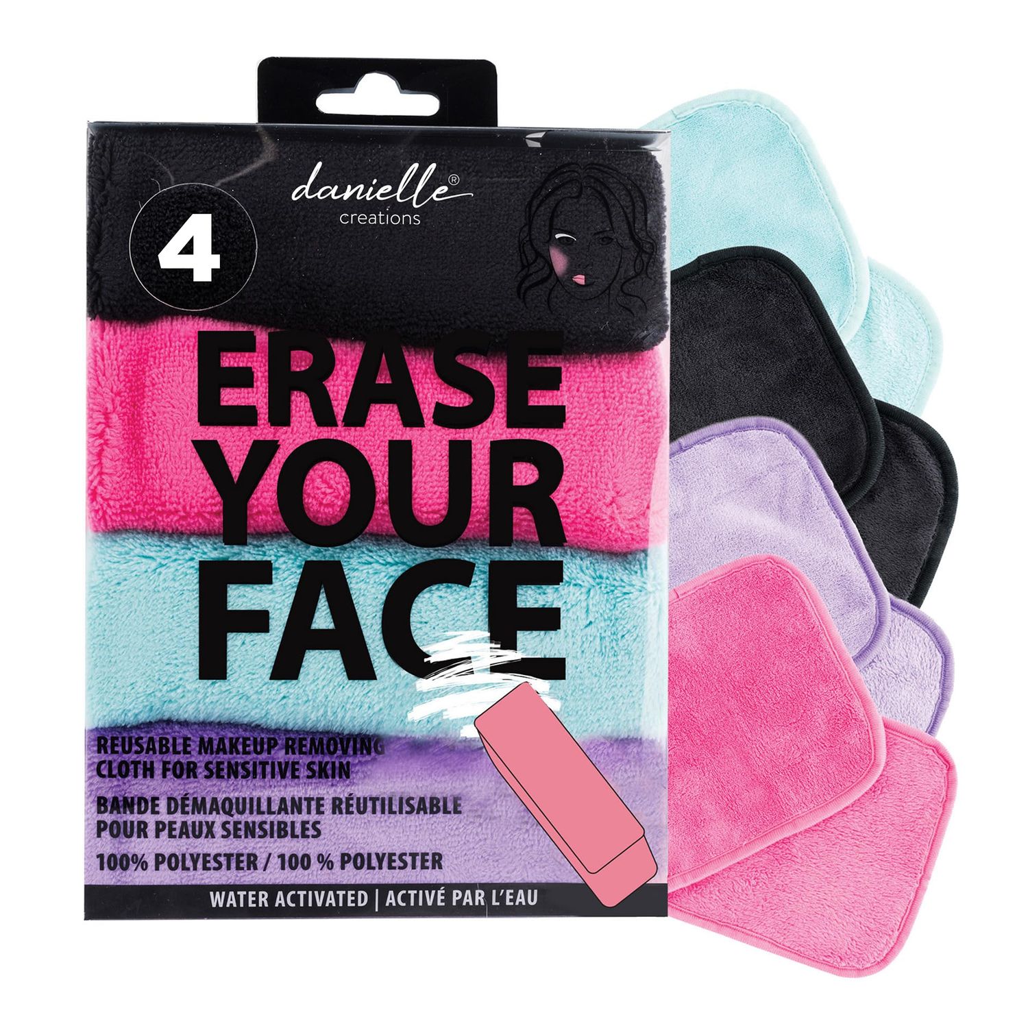 ERASE YOUR FACE Makeup Remover Cloths - Reusable Microfiber Face Towels to Cleanse &amp; Remove Makeup - Water Activated, Dual-Sided Design for Easy Use (4 Count)