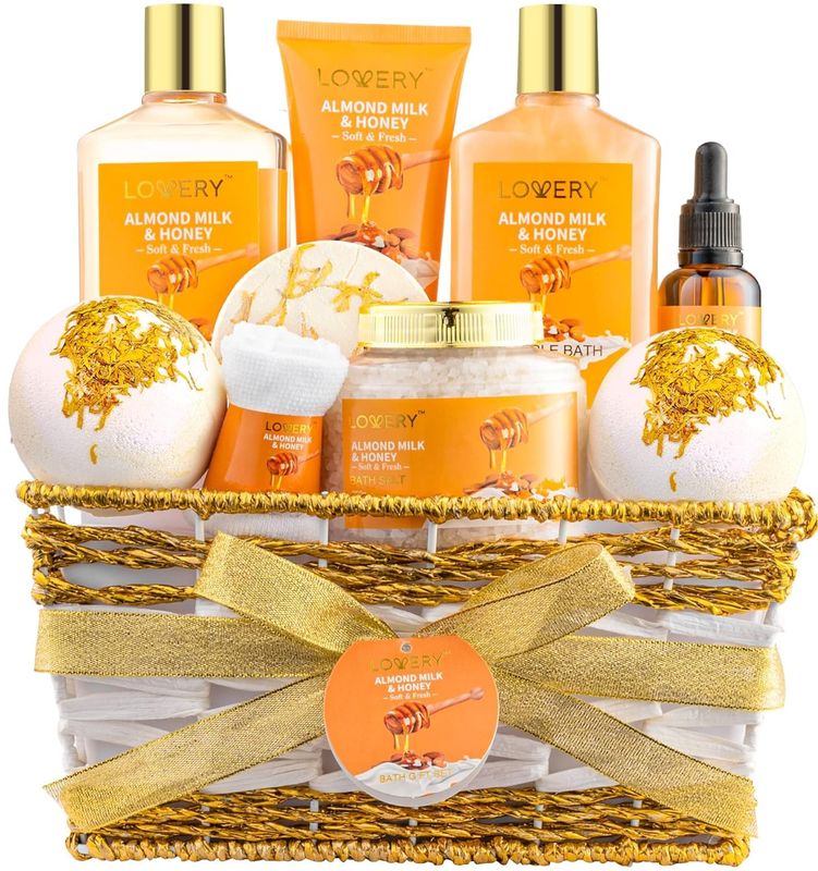 Gift Basket for Women - 10 Pc Almond Milk &amp; Honey Beauty &amp; Personal Care Set - Home Bath Pampering Package for Relaxing - Spa Self Care Kit - Thank You, Birthday, Mom, Anniversary Gift