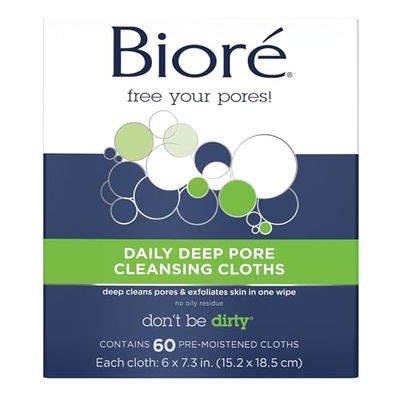 Bior Daily Make Up Removing Cloths, Facial Cleansing Wipes with Dirt-grabbing Fibers for Deep Pore Cleansing without Oily Residue, 60 Count