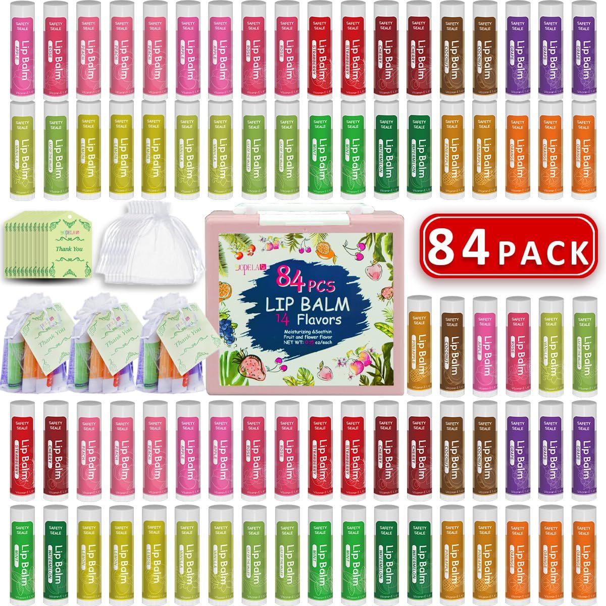 84 Pack Natural Lip Balm Bulk with Vitamin E and Coconut Oil Valentine&#39;s Day best choice - Moisturizing, Soothing, and Repairing Dry and Chapped Lips Valentine&#39;s Gift - 14 Flavors - Non-GMO
