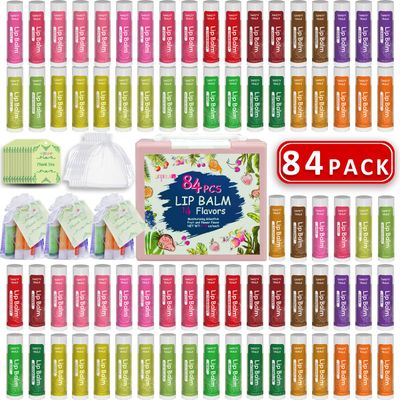 84 Pack Natural Lip Balm Bulk with Vitamin E and Coconut Oil Valentine&#39;s Day best choice - Moisturizing, Soothing, and Repairing Dry and Chapped Lips Valentine&#39;s Gift - 14 Flavors - Non-GMO