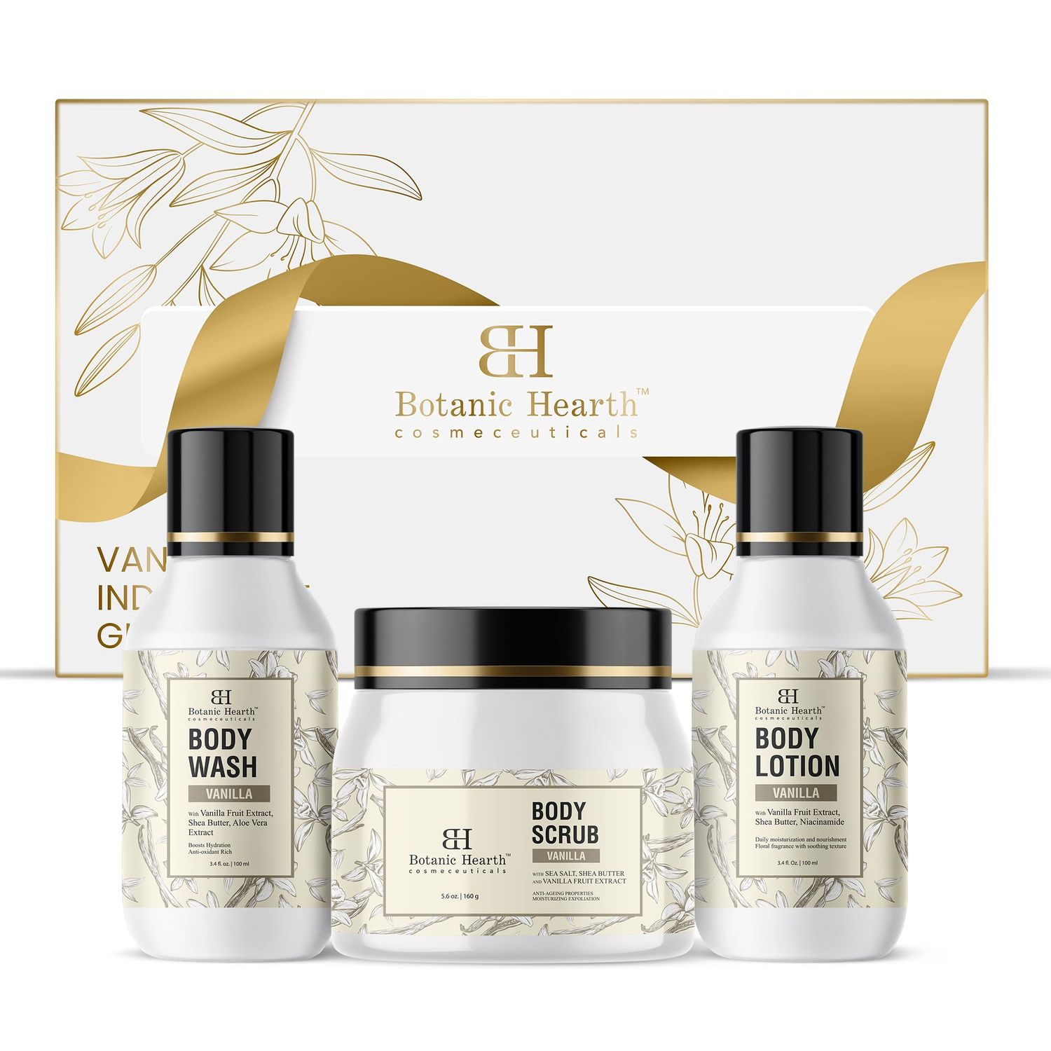 Botanic Hearth Vanilla Scented Gift Set of 3 - Body Scrub 5.4 fl oz, Moisturizing Body Wash 3.4 fl oz and Nourishing Body Lotion 3.4 fl oz - Perfect Hydrated Skin - Gentle, Ideal for All Skin Types