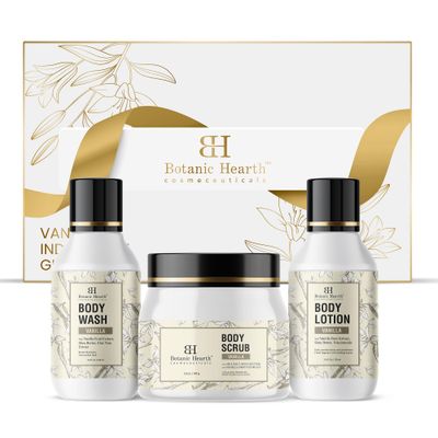 Botanic Hearth Vanilla Scented Gift Set of 3 - Body Scrub 5.4 fl oz, Moisturizing Body Wash 3.4 fl oz and Nourishing Body Lotion 3.4 fl oz - Perfect Hydrated Skin - Gentle, Ideal for All Skin Types