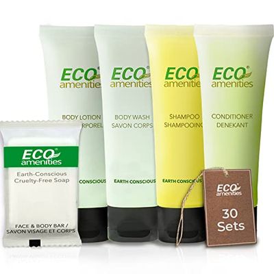 ECO Amenities 150 PIECE Hotel Toiletries Set - 5-in-1 Travel Toiletries include 30ml Shampoo, Conditioner, Body Lotion, Body Wash, and 28g Soap (30 each) - Perfect for Hotels, AirBnB, and Hospitality