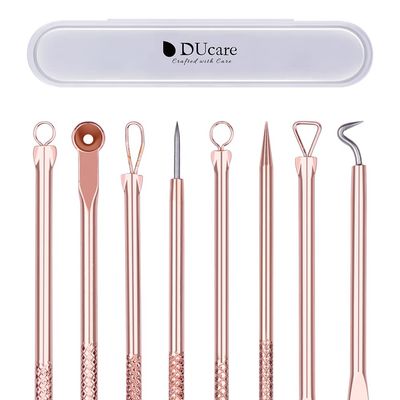 DUcare Blackhead Remover Comedone Extractor Acne Removal Kit for Blemish, 4Pcs Professional Pimple Popper Tool Kit, Stainless Steel (Gold)