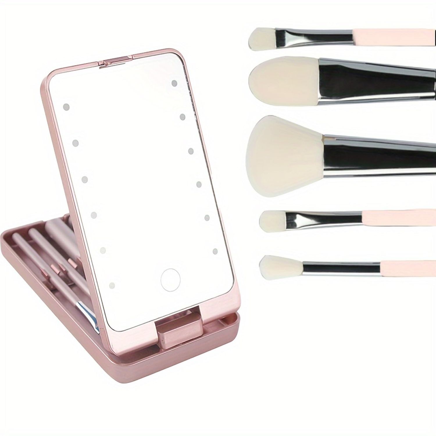 FANPOI Portable Makeup Mirror with 5 Makeup Brushes Travel Case Storage Box LED Rechargeable Makeup Mirror (Pink)