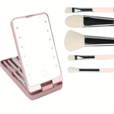 FANPOI Portable Makeup Mirror with 5 Makeup Brushes Travel Case Storage Box LED Rechargeable Makeup Mirror (Pink)