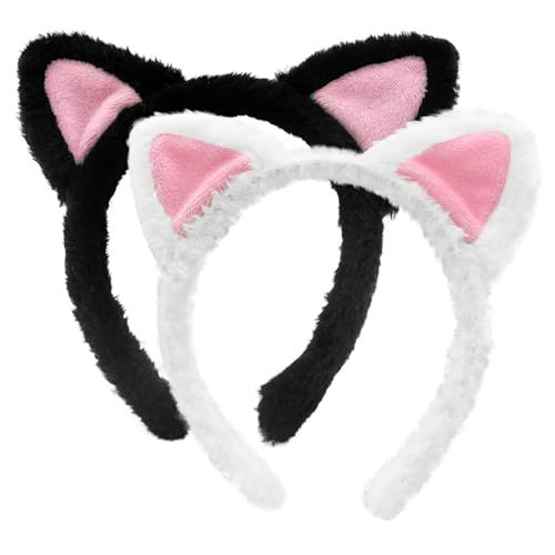 2-Pack Black and White Cat Ears Headbands - Pink Inner Ears, Fuzzy Kitten Headwear, Hair Accessories for Adults Kids, Spa, Skin Care, Plush Makeup, Halloween, Cosplay, and Animal-Themed Party Supplies