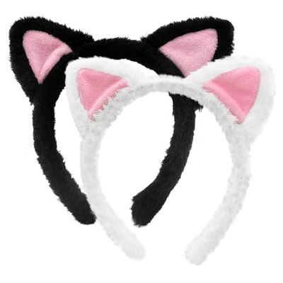 2-Pack Black and White Cat Ears Headbands - Pink Inner Ears, Fuzzy Kitten Headwear, Hair Accessories for Adults Kids, Spa, Skin Care, Plush Makeup, Halloween, Cosplay, and Animal-Themed Party Supplies