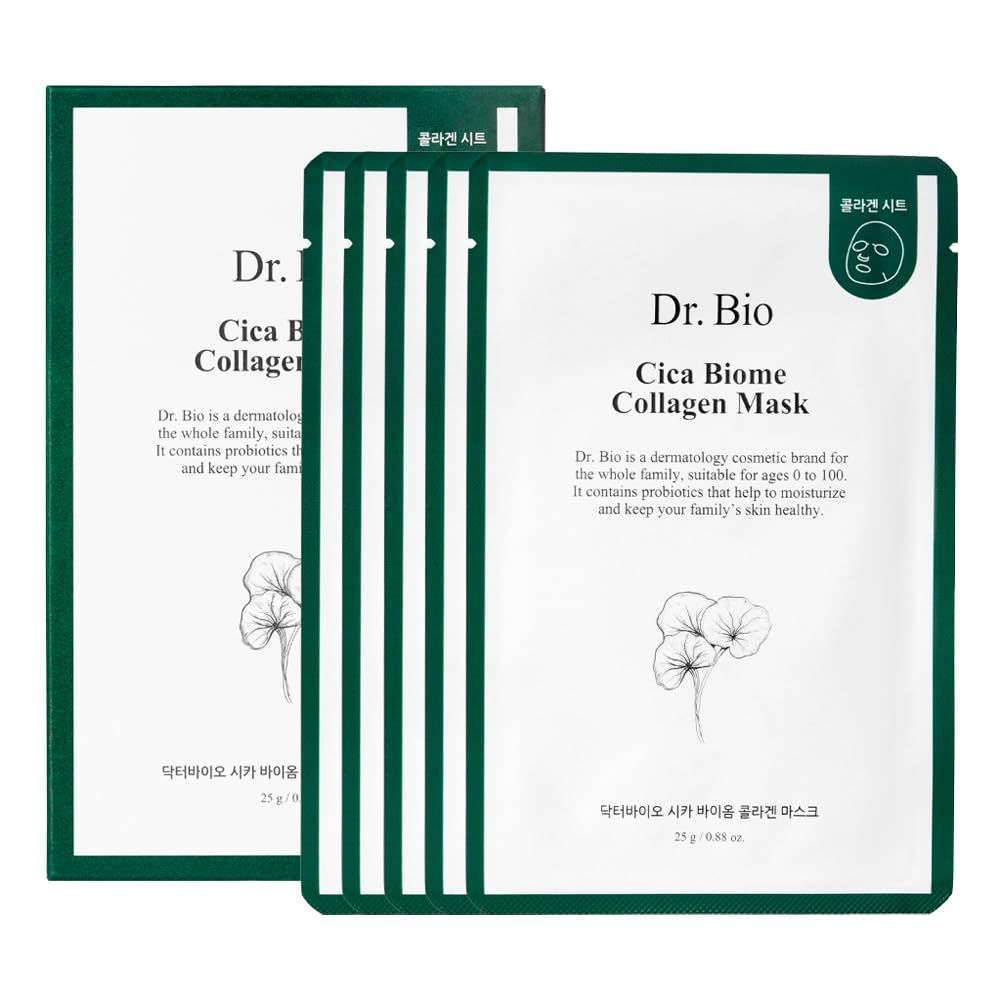 Dr.Bio Cica Biome Collagen Mask (5ea), Collagen-Coated Mask with 3x Collagen Boost for Elasticity and Firming, Skin Repairing, Radiant Skin, Anti Aging, Lifting, Hydrating, Vegan, Korean Skin Care
