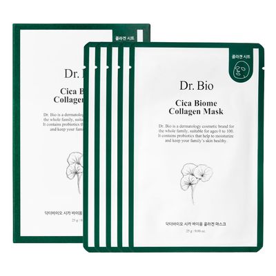 Dr.Bio Cica Biome Collagen Mask (5ea), Collagen-Coated Mask with 3x Collagen Boost for Elasticity and Firming, Skin Repairing, Radiant Skin, Anti Aging, Lifting, Hydrating, Vegan, Korean Skin Care