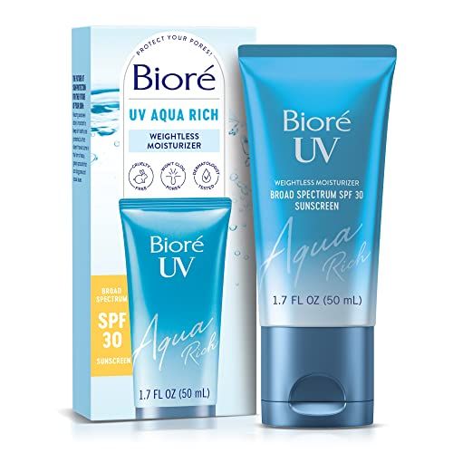 Biore UV Aqua Rich SPF 30 PA+++ Daily Moisturizer Sunscreen for Face, For Sensitive Skin, Oil Free, Hyaluronic Acid, Vegan, Oxybenzone &amp; Octinoxate Free, Dermatologist Tested, 1.7 Oz