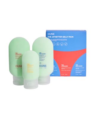 DUNE Suncare Jetsetter Gelly Pack Mini Travel Set - 7x Award-Winning Dermatologist Recommended Clear Gel Suncare for Face and Body - Bod Guard (2 Fl Oz), Mug Guard (1 Fl Oz), and Life Guard (2 Fl Oz)