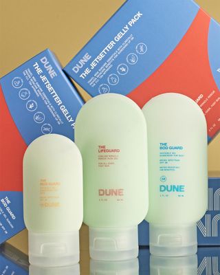 DUNE Suncare Jetsetter Gelly Pack Mini Travel Set - 7x Award-Winning Dermatologist Recommended Clear Gel Suncare for Face and Body - Bod Guard (2 Fl Oz), Mug Guard (1 Fl Oz), and Life Guard (2 Fl Oz)