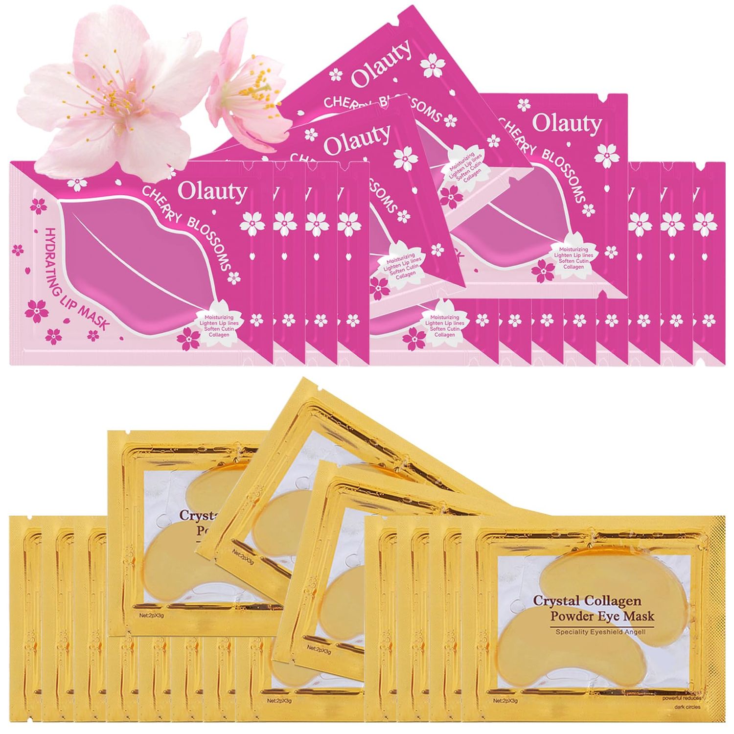 30 Pairs Lip Masks&amp;24K Gold Under Eye Masks,Crystal Collagen Gel Eye Masks,Moisturizing Cherry Blossom Lip Patches Skin Care,Reducing Fine Lines &amp; Dark Circle for Puffy Eyes,Birthday for Women