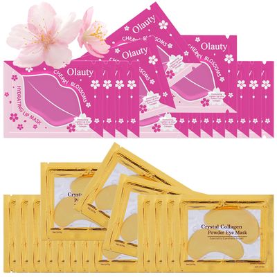 30 Pairs Lip Masks&amp;24K Gold Under Eye Masks,Crystal Collagen Gel Eye Masks,Moisturizing Cherry Blossom Lip Patches Skin Care,Reducing Fine Lines &amp; Dark Circle for Puffy Eyes,Birthday for Women