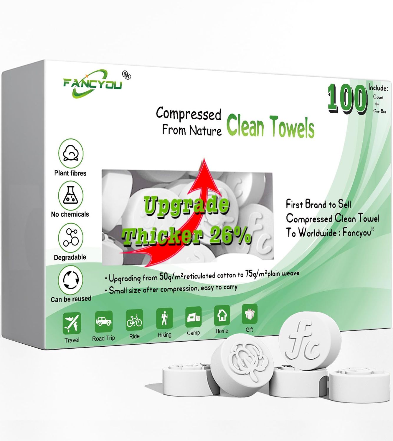 Fancyou Compressed Disposable Face Towel Kit, Thicken Facial Cleansing Cloths Towelettes,Compact Portable Wash Cotton Wipes Tablets Coin Tissues for Beauty Salon Personal Care Travel(100 PCS White)