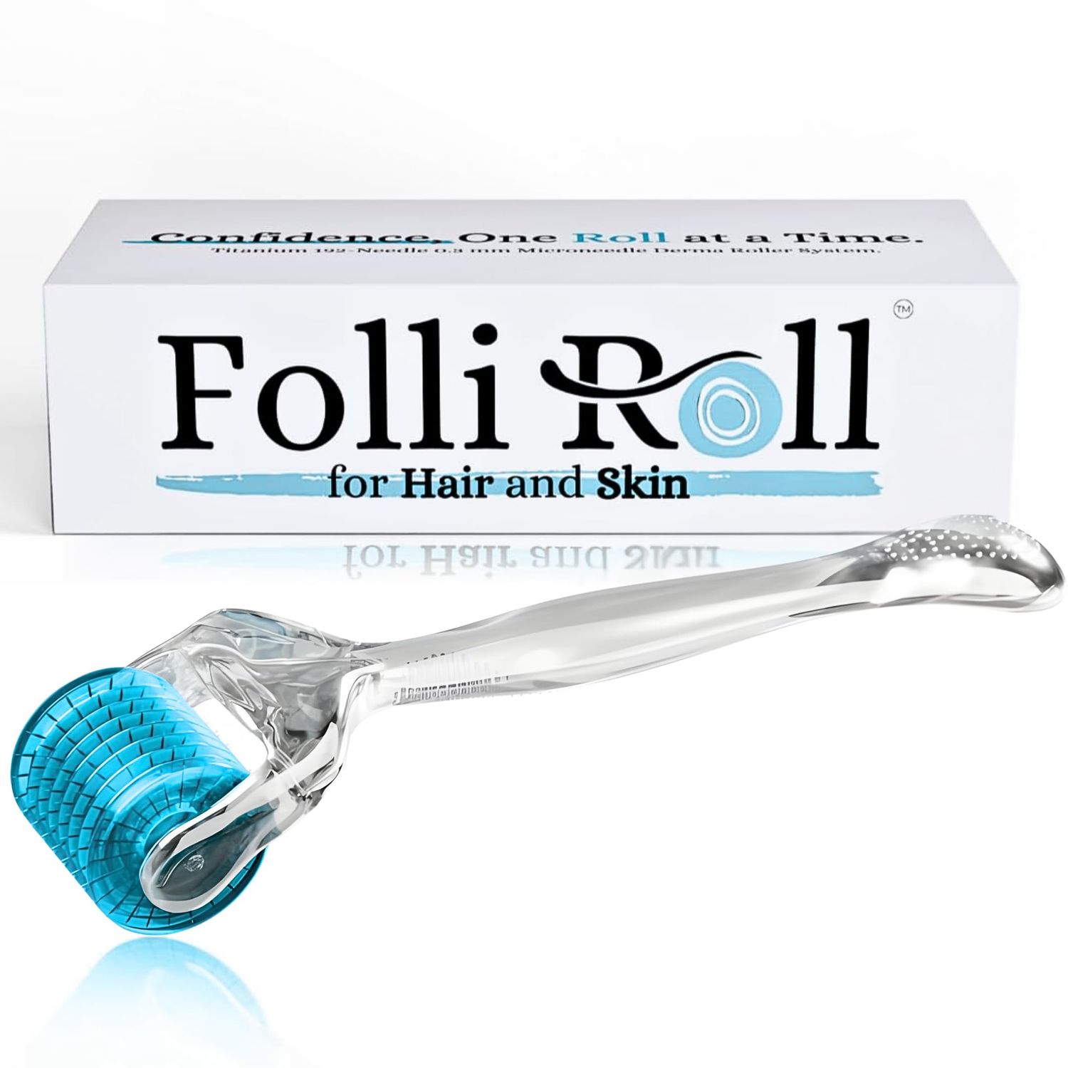 FolliRoll Derma Roller for HAIR and SKIN - for Face and Scalp Derma Stamp, 192 Titanium Individual Microneedles | FREE Storage Case | for Men and Women (Blue, 0.30mm)