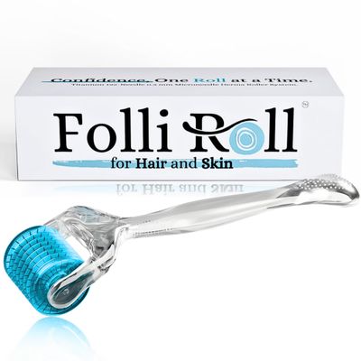 FolliRoll Derma Roller for HAIR and SKIN - for Face and Scalp Derma Stamp, 192 Titanium Individual Microneedles | FREE Storage Case | for Men and Women (Blue, 0.30mm)