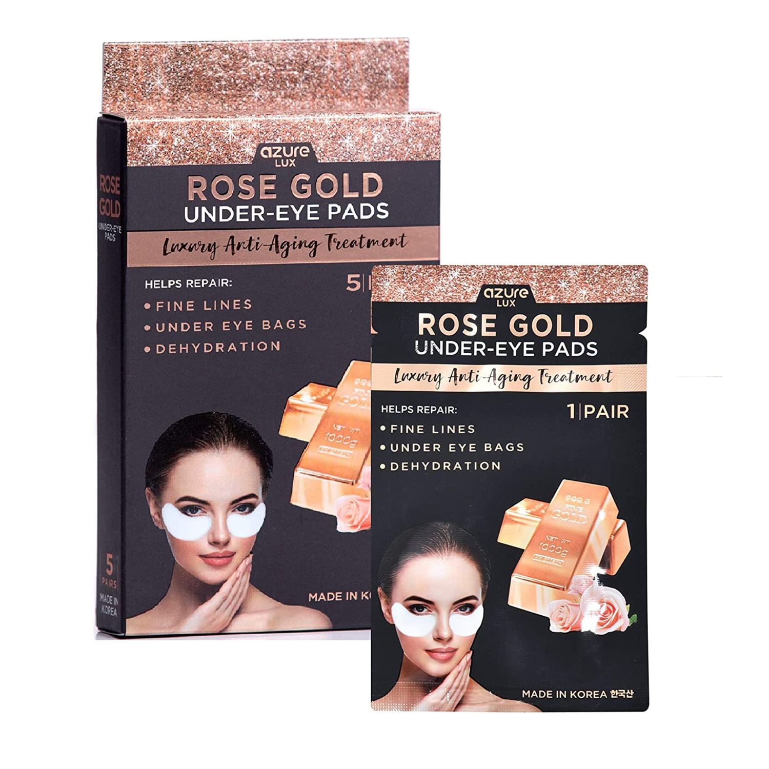 AZURE Rose Gold Luxury Anti Aging Under Eye Pads - Lifting, Smoothing &amp; Hydrating Eye Mask Patches - Reduces Fine Lines, Wrinkles, Dark Circles &amp; Puffiness - Skin Care Made in Korea - 5 Pairs