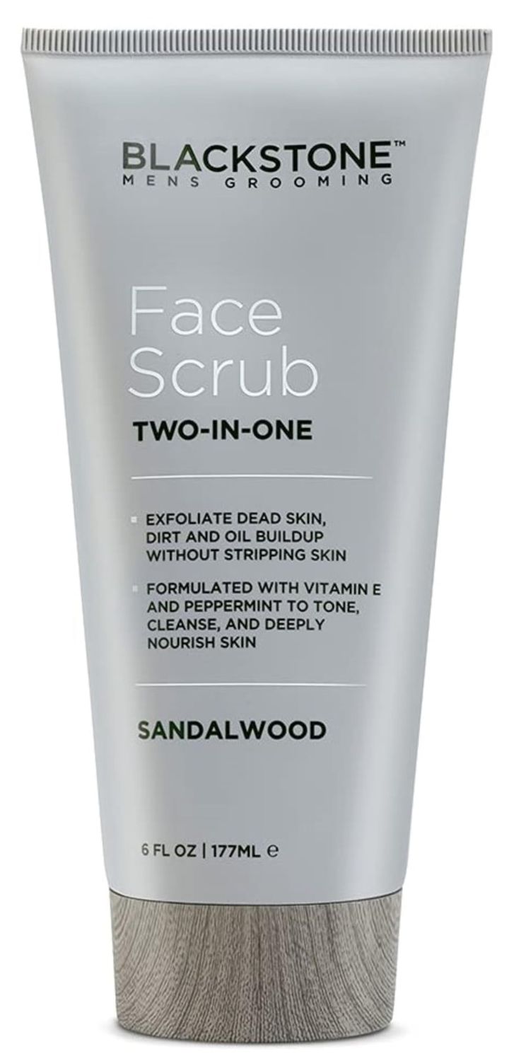 Blackstone Men&#39;s Grooming 2-in-1 Facial Scrub &amp; Shave Gel with Vitamin E &amp; Peppermint - Cleanse &amp; Exfoliate | Hydrates Skin After Shaving | Paraben &amp; Cruelty Free | USA Made, Sandalwood (6 oz)