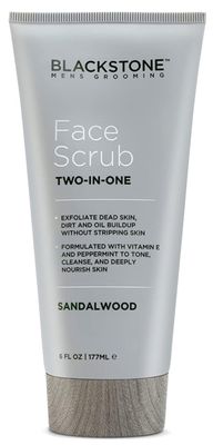Blackstone Men&#39;s Grooming 2-in-1 Facial Scrub &amp; Shave Gel with Vitamin E &amp; Peppermint - Cleanse &amp; Exfoliate | Hydrates Skin After Shaving | Paraben &amp; Cruelty Free | USA Made, Sandalwood (6 oz)