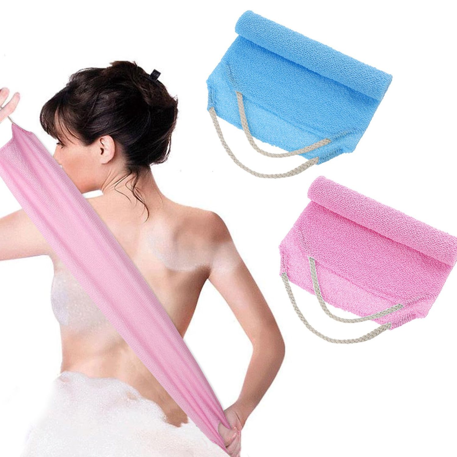Body Scrubber with Handles Exfoliating Washcloth Towel for Shower Bath 2Pcs Nylon Back Exfoliator Extended Length Back Washers Back Scrubber Towel Stretchable Pull Strap for Sensitive Rough Skin
