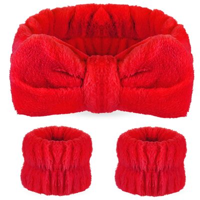 Hanaive 3 Pcs Face Wash Headband Wristband Set for Women SPA Bow Headband Soft Facial Makeup Skincare Headband Wrist Towel for Washing Face Valentine&#39;s Day Gift Hair Supplies(Red)